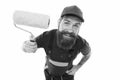 Skillful and professional painter. Bearded man painter isolated on white. Wall painter with painting tool. Brush roller Royalty Free Stock Photo