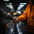 Skillful service Mechanic and client exchange handshake, sealing successful garage auto repair