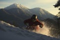 Skillful snowboarder navigating through majestic snow-capped mountains on a thrilling winter day