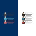 Skills, Graphs, People, Profile, Settings, Statistics, Team Icons. Flat and Line Filled Icon Set Vector Blue Background