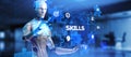 Skills Personal training development education concept. Robot pressing button on screen. 3d render