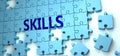 Skills puzzle - complexity, difficulty, problems and challenges of a complicated concept idea pictured as a jigsaw puzzle tiles