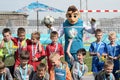 Skillzy, the official mascot for UEFA EURO 2020 with childrens during awarding ceremony, in Saint Petersburg, Russia