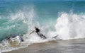 Skim Boarder riding a shore break wave at Aliso Beach in Laguna Beach, California. Royalty Free Stock Photo