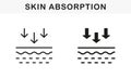 Skin Absorption Line and Silhouette Black Icon Set. Penetration of UV Ray to Skin Pictogram. Arrows Down, Skin Nutrition