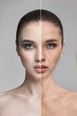 Skin aging, wrinkles, woman facial rejuvenation. Skin care, recovery and regeneration of the skin. Before and after. Woman aging Royalty Free Stock Photo