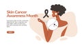 Skin cancer and melanoma awareness month vector illustration with prevention woman screening. Person health checkup