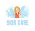 Skin Care Banner Template, Attractive Young Woman Caring for Her Face and Skin Vector Illustration