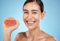 Skin care, beauty and grapefruit squeeze woman portrait for dermatology, natural cosmetic and wellness. Face of Royalty Free Stock Photo