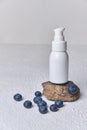 Blueberry ingredients, bottle on stone stand, Organic cosmetics