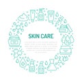 Skin care circle poster with flat line icons. Hyaluronic acid drop, serum, anti ageing compound retinol, moisturizing