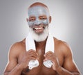 Skin care, cleansing face mask and portrait of black man with smile, happiness and anti ageing clay spa treatment