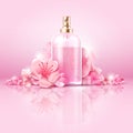 Skin care cosmetic vector concept. cosmetic with vitamin and collagen in bottle and sakura flowers