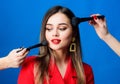 Skin care. Cosmetics concept. Beauty salon facial care. Pretty woman applying makeup brush. Perfect skin tone. Stunning Royalty Free Stock Photo