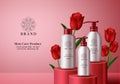 Skin care cosmetics vector banner template. Cosmetic products skin care bottles of body lotion, facial wash and cream elements.