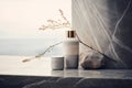 Skin care cream bottles beauty mockup on marble stone background. Lotion bottle container facial dermatology concept