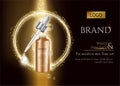 Skin care dark gold repair essence with helical structure and droplet bottle in golden luxury background.