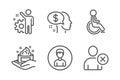 Skin care, Disabled and Pay icons set. Employee, Person and Delete user signs. Vector