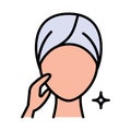 Aesthetic cosmetology color icon, vector pictogram of shiny skin, anti age skin care. Hapy woman illustration, sign for plastic