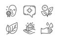 Skin care, Medical chat and Leaf icons set. Leaves, Face verified and Rubber gloves signs. Vector