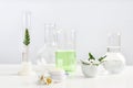 Skin care product, ingredients and laboratory glassware on table. Royalty Free Stock Photo