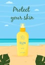 Skin care product. Sun safety, UV protection spray. Tube of sunscreen product with SPF. Summer cosmetic.