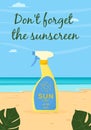 Skin care product. Sun safety, UV protection spray. Tube of sunscreen product with SPF. Summer cosmetic.