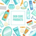 Skin Care Products Banner Template, Beauty Cosmetic Objects Square Frame Vector Illustration