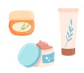 Skin care products illustration, body lotion, scrab and cream, liquid soap. Flat cosmetic object in tube with leaf