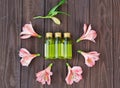 Skin care products and pink flowers Royalty Free Stock Photo