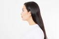 Skin care. Profile portrait of Brunette asian girl with long and shiny straight female hair on white background . Copy Royalty Free Stock Photo