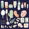 Skin care routine icons. Vector set of Face and body care. Various beauty SPA objects isolated on blue.