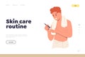 Skin care routine landing page with happy handsome man character applying after shave cream