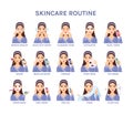 Skin care routine set. Isolated Cute Brunette Woman takes Care of her Face. The Girl applies Cosmetics. Daily Beauty Procedures. Royalty Free Stock Photo