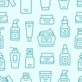 Skin care seamless pattern with line icons. Hyaluronic acid drop, serum, anti ageing compound retinol, moisturizing