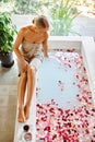 Skin Care Spa Treatment. Woman On Bathtub. Flower Rose Bath. Royalty Free Stock Photo