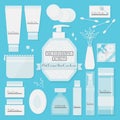 Skin cares products icons set on blue background