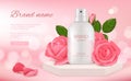 Skin cosmetic ads. Woman cream or perfume bottle with rose pink flowers and petals beauty romantic decoration realistic