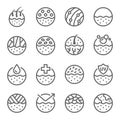 Skin dermatology icon illustration vector set. Contains such icon as Cell, Treatment, Collagen, Dry skin, UV protection , Epidermi