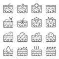 Skin dermatology icon illustration vector set. Contains such icon as Cell, Treatment, Collagen, Dry skin, UV protection , Epidermi