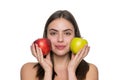 Skin detox of woman. Apple organic fruit. Eat healthy. Healthy apple fruit for natural vitamin. Dieting and healthy