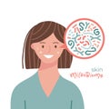 Skin microbiome. Female face microbiota with healthy probiotic bacteria. Flat vector medicine illustration for