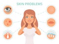 Skin problems. Beauty woman scrub care face infection darkness scrubs oily face cleanse vector symbols