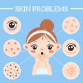 Skin problems infographic. Ages wrinkles problems, blackheads and clogged pores. Acne on woman skin vector illustration Royalty Free Stock Photo