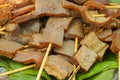 Skin sate satay closed up traditional food served in banana leaf
