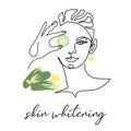 Skin whitening with cucumber, facial cosmetic vector illustration. Face line art portrait of beautiful woman