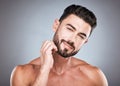 Skincare, beard and portrait of man with smile, hands on face and hair care maintenance. Fitness, health spa facial care