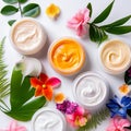 Skincare, beauty, cosmetic and healthcare products made of flowers and plants. Skin cream, oil and body lotion. Flat lay, top