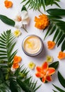 Skincare, beauty, cosmetic and healthcare products made of flowers and plants. Skin cream, oil and body lotion. Flat lay, top