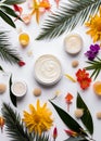 Skincare, beauty, cosmetic and healthcare products made of flowers and plants. Skin cream, oil and body lotion. Flat lay, top